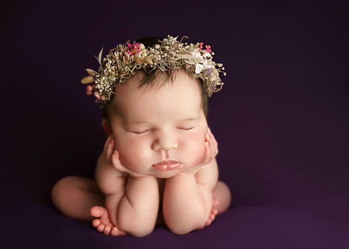 purple fabric baby girl chunky baby froggie pose flower halo